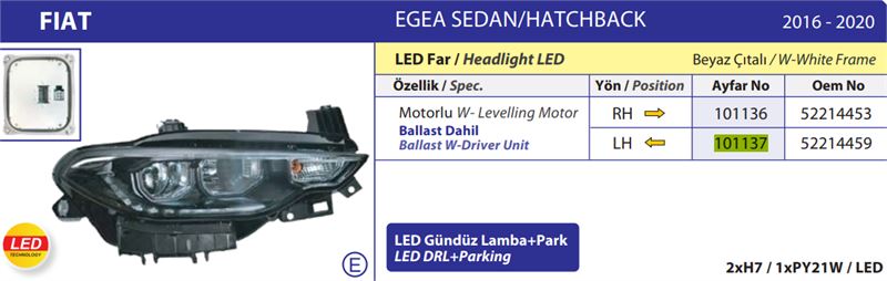FAR EGEA 15-20 MOTORLU SOL LED+PARK+BALLAST BEYAZ ÇITALI – AYF-101137