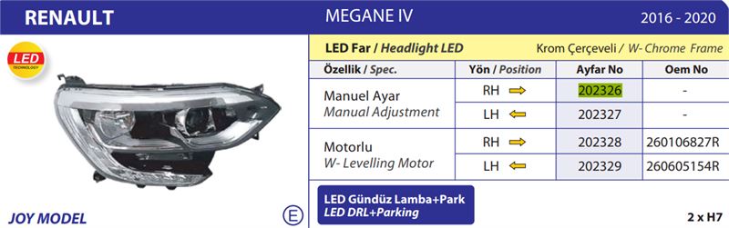 FAR MEGANE IV 16-20 JOY MODEL LEDLİ KROM ÇERÇEVELİ MOTORLU SAĞ
