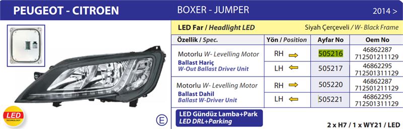 FAR MOTORLU SAĞ FIAT DUCATO MAXI /PEUGEOT BOXER / CITROEN JUMPER ( 2014› ) LED (BALLAST HARİÇ)
