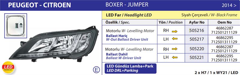 FAR MOTORLU SOL FIAT DUCATO MAXI /PEUGEOT BOXER / CITROEN JUMPER ( 2014› ) LED (BALLAST HARİÇ)
