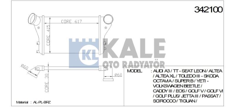 TURBO RADYATÖRÜ (INTERCOOLER) VW BEETLE CADDY III GOLF V/VI JETTA III PASSAT SCIROCC TIGUAN TOURAN – KL342100