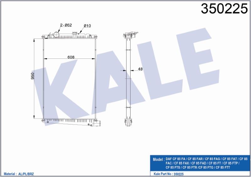 RADYATÖR (ÇERÇEVESİZ) (MT) DAF CF 85 FA /CF 85 FAR /CF 85 FAG /CF 85 FAT /CF 85 FAC /CF 85 FAX / AL/BRZ (950X608X48) – KL350225