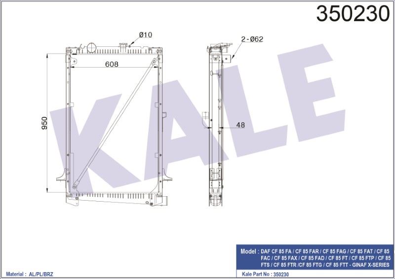 RADYATÖR(ÇERÇEVELİ) (MT) DAF CF 85 FA /CF 85 FAR /CF 85 FAG /CF 85 FAT /CF 85 FAC /CF 85 FAX / AL/BRZ (950X608X48) – KL350230