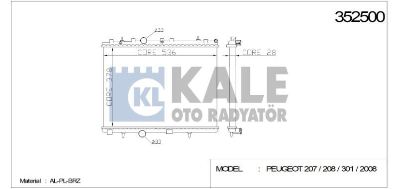 RADYATÖR PEUGEOT 301/207/208 2008 CITROEN C2 C3 C-ELYSEE PARTNER TEPEE(378X538X26) AL/PL/BRZ – KL352500