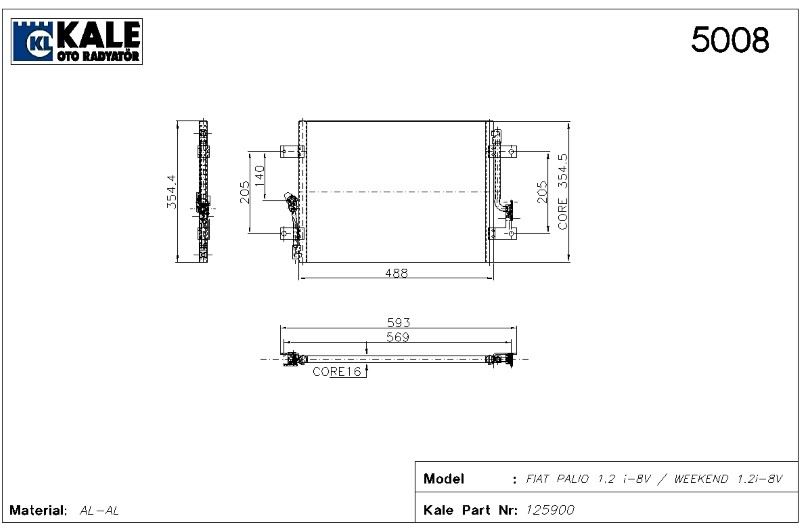 RADYATÖR KLİMA FIAT PALIO ; PALIO WEEKEND 1.2 99= (AT/MT) KURUTUCUSUZ [BRAZING AL/AL] [448X355X16] – KLE-010ABC010