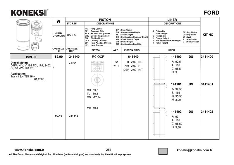 FORD MOTOR GOMLEK (89,91MM) / (STD) TRANSIT V184 01>06 V347 06>14 2,4TDCI BOY:165MM, FLANS GENISLIK: 3,10