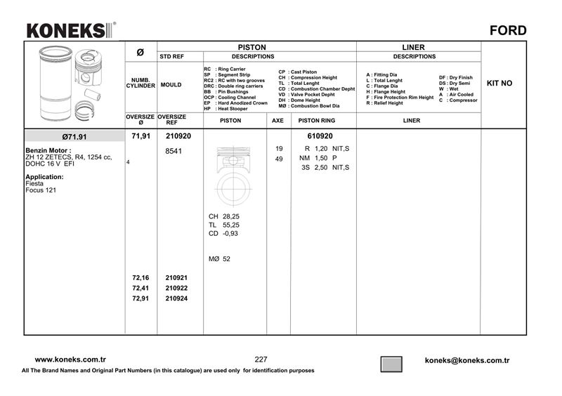 FORD PISTON+SEGMAN 71,91MM STD FIESTA CB1 08>12 1.25 EFI 16V ZETEC- FIESTA CCN 12>17 1.25 EFI 16V ZETEC-