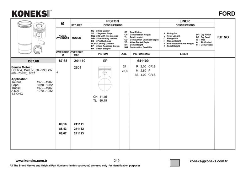 FORD PISTON+SEGMAN TAUNUS 1.6 OHC – HC 87,68MM STD