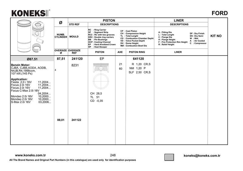 FORD PISTON+SEGMAN 87,51MM STD MONDEO CMAX FOCUS S MAX 2,0 16V 145PS HE DURATEC 01>07