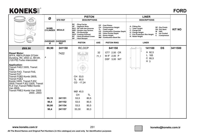 FORD MOTOR SEGMANI  89.90 TRANSIT V184 90 120PS 2.4D  01>06