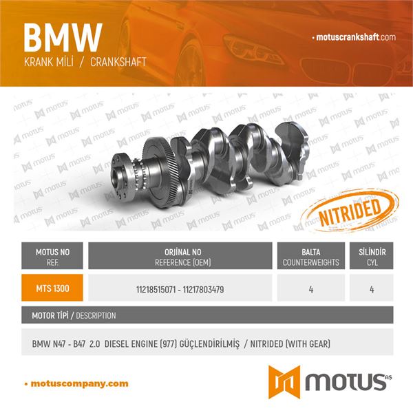 BMW KRANK MILI GUCLENDIRILMIS (977) 2.0 D20A 204PS BMW N47 B47 E60 E90 F10 F20 F30 F32 F36 E83 E84 F25 E