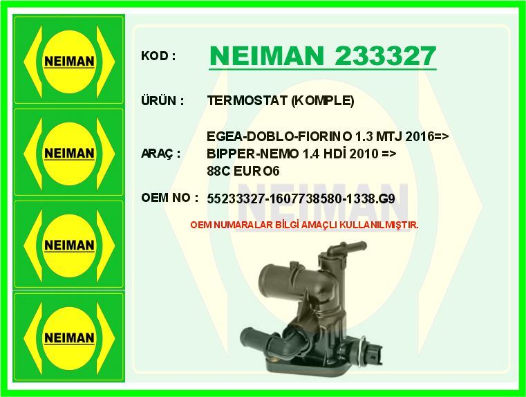 FIAT TERMOSTAT (KOMPLE) EGEA-DOBLO-FIORINO 1.3 MTJ 2016=> BIPPER-NEMO 1.4 HDI 2010 => 88C EURO6
