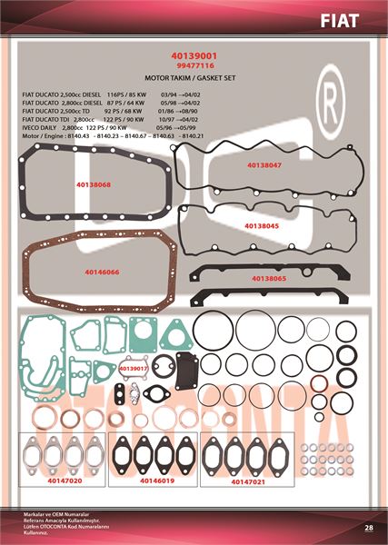 FIAT MOTOR TAKIM CONTASI (ALT / UST) KECESIZ S,K,C HARIC SUBAP LASTIKSIZ DUCATO BOXER JUMPER MASTER MOVAN