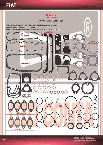 FIAT MOTOR TAKIM CONTASI (ALT / UST) KECESIZ S,K,C HARIC SUBAP LASTIKSIZ DUCATO BOXER JUMPER MASTER MOVAN