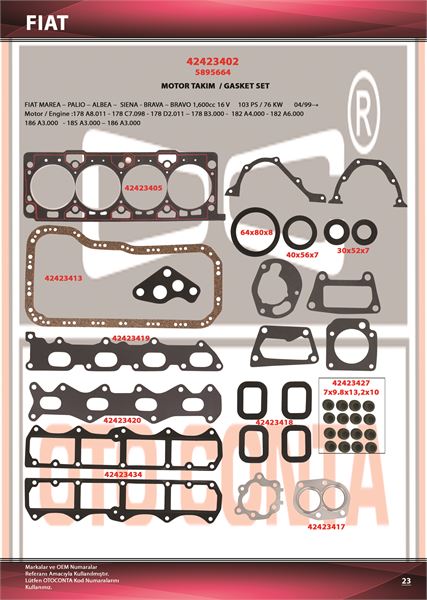 FIAT MOTOR TAKIM CONTASI SKT VITON KECE MAREA BRAVA 1,6 16V