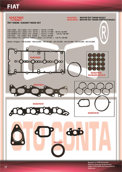 FIAT MOTOR UST TAKIM CONTA FIAT 500L BRAVO II DOBLO PUNTO IDEA LINEA PRATICO SEDICI 1.6 MJET 10> FREEMONT