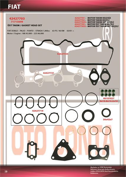 FIAT MOTOR UST TAKIM CONTA FIAT BRAVO II 1.9D 07>14 DOBLO 1.9D JTD 01> IDEA 1.9 JTD 04> STILO 1.9 D 05>08