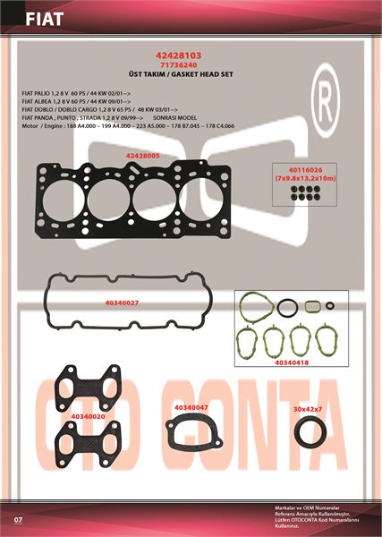 FIAT UST TAKIM CONTA PALIO PUNTO ALBEA DOBLO 1.2 8V 97>