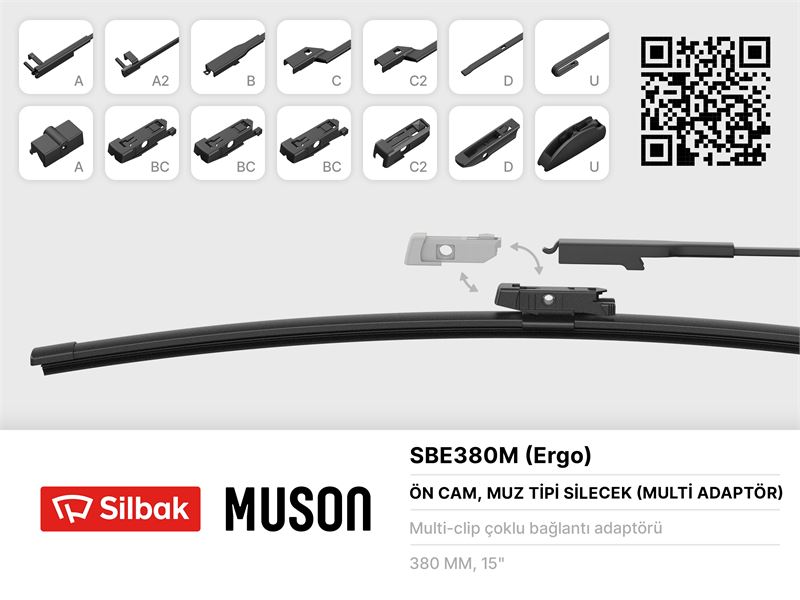 MERCEDES SILECEK SUPURGESI MUZ TIPI 380mm A, BC,C2,D VE U TIPI KOLLAR ICIN MULTI ADAPTORLU