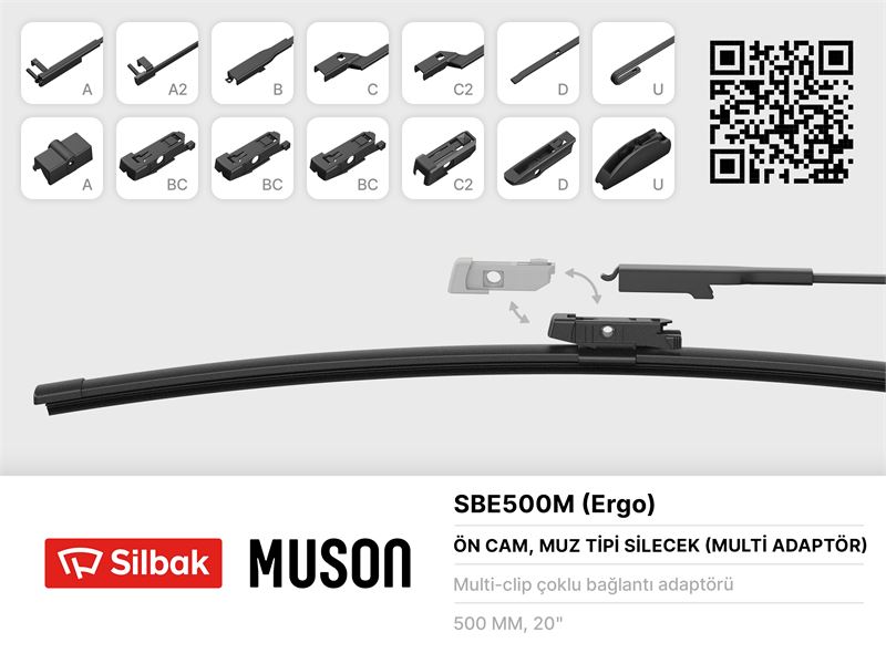 MERCEDES SILECEK SUPURGESI MUZ TIPI 500mm A, BC,C2,D VE U TIPI KOLLAR ICIN MULTI ADAPTORLU