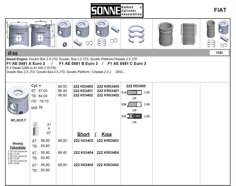 FIAT PISTON+SEGMAN 88MM (STD) DUCATO 2.3 – DAILY II MULTIJET-(F1AE 0481C EURO3)