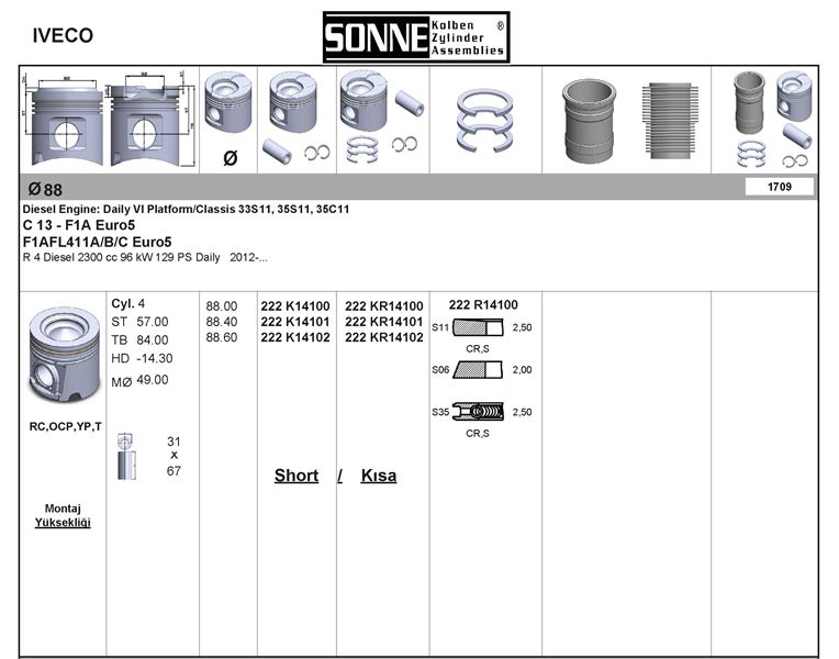FIAT MOTOR PISTON+SEGMAN (STD) DUCATO III IVECO DAILY KARSAN JEST 2,3JTD C13 F1A EURO5 MOTOR 11>14