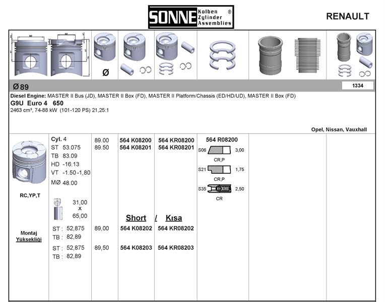 ISUZU TICARI MOTOR PISTON+SEGMAN MASTER 2.5 DCI-MOVANO 2.5CDTI (G9U) 145HP EURO4 (89.00MM) / (STD) NPR SEGMANLI