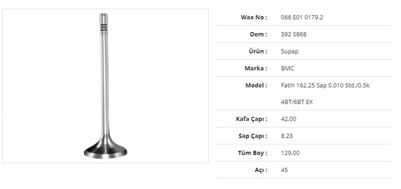 BMC TRUCK SUBAP EGZOZ BMC FATIH 162,25 SAP 0.010STD./0.5K 4BT/6BT 42Kx8,23Sx129Bx45A (6ADET)  DAF CF 65 FA 65.