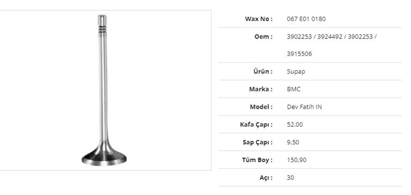 BMC TRUCK SUBAP EMME BMC FATIH DEV STD./0.5K 52Kx9,5Sx150,9Bx30A (6ADET)
