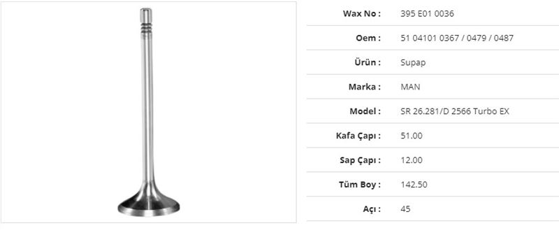 MAN TRUCK SUBAP EGZOZ MAN F90 19.422 D2866 90>96 F2000 19.423 D2866 94> 26.281 D2566 TURBO 51Kx12Sx142,5Bx45A