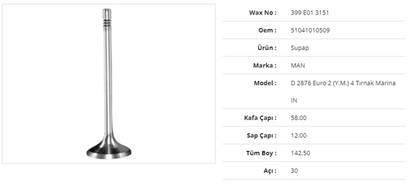 MAN TRUCK SUBAP EMME MAN D 2876 EURO 2 (Y.M.)MARINA 4 TIRNAK  58Kx12Sx142,5Bx30A  (6ADET)