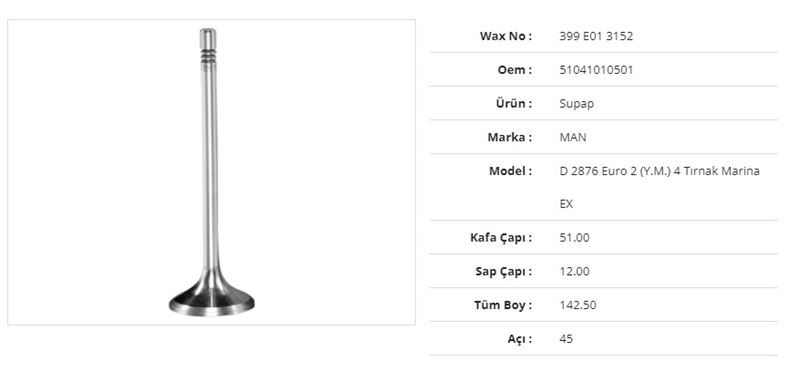 MAN TRUCK SUBAP EGZOZ MAN D 2876 EURO 2 (Y.M.)MARINA 4 TIRNAK  51Kx12Sx142,5Bx45A  (6ADET)