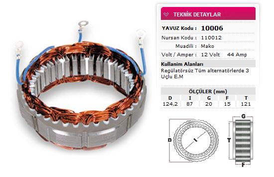 FIAT STATOR MAKO TIP 12V 44A 3 UCLU EM NURSAN 110012