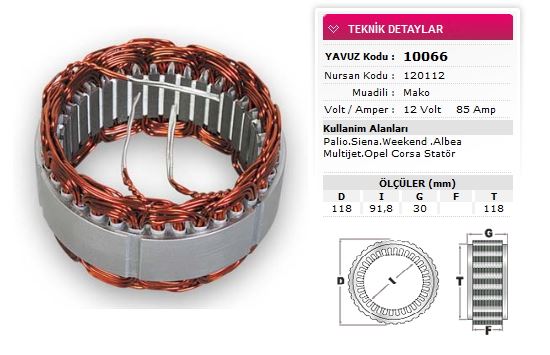 FIAT STATOR MAKO TIP 12V 85A PALIO SIENA WEEKEND ALBEA MULTIJET OPEL CORSA NURSAN 120112