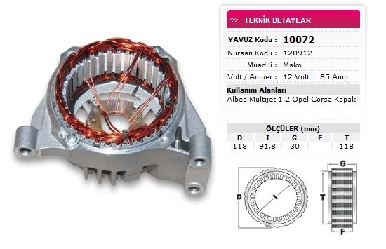 FIAT STATOR MAKO TIP 12V 85A ALBEA MULTIJET 1 2 OPEL CORSA KAPAKLI NURSAN 120912