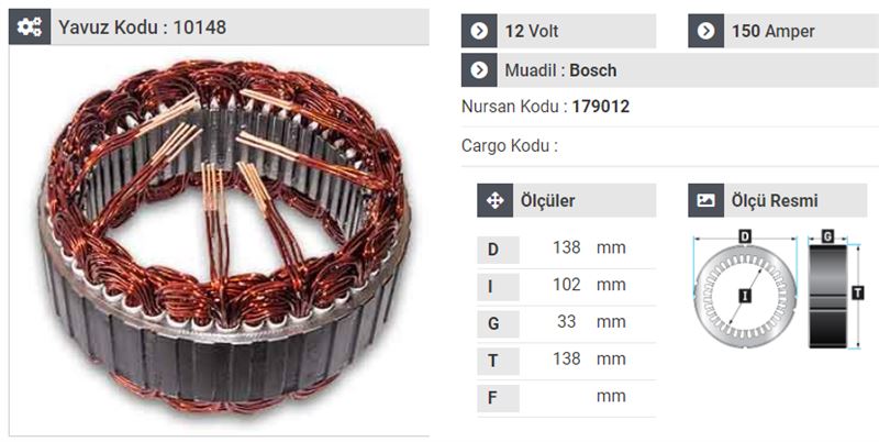 FORD STATOR BOSCH TIPI 12V 150 AMP 6 CIKIS TRANSIT DUCATO VOLVO C-30 S-40 V-50