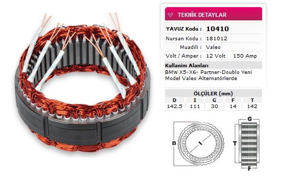 FIAT STATOR VALEO TIP 12V 150A BMW X5 X6 PARTNER DOBLO YM VALEO 6 UCLU NURSAN 181012