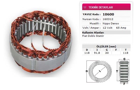 FIAT STATOR DENSO TIP 12V 65A FIAT DOBLO NURSAN 160312