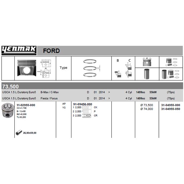 FORD PISTON+SEGMAN 74,00MM 0,50 FIESTA – FOCUS – COURIER – B MAX – C MAX 1.5 TDCI EURO5