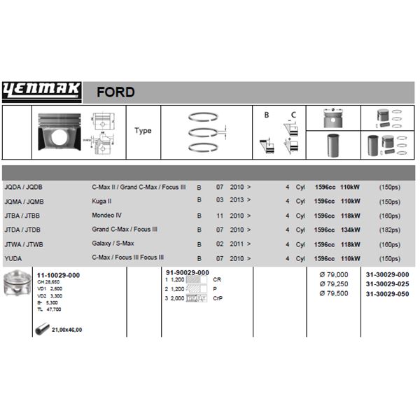 FORD PISTON+SEGMAN 79,50MM 0,50 FOCUS 11>17  KUGA 14>17 C-MAX 11>17 1.6 ECOBOOST VOLVO S60 II (134) T3 -T