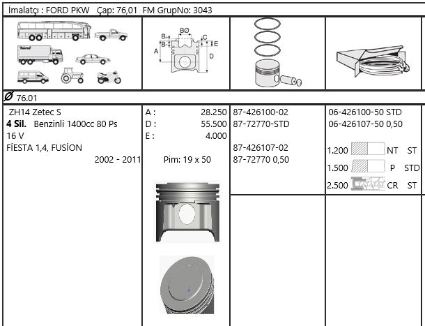 FORD MOTOR PISTON SEGMAN (0,50 FARKLI) / (76,51MM) FIESTA FUSION 1,4 ZETEC S 16V ZH14 02>11